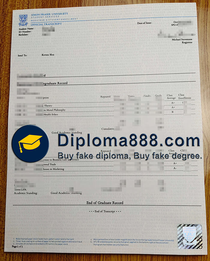 buy fake Simon Fraser University transcript