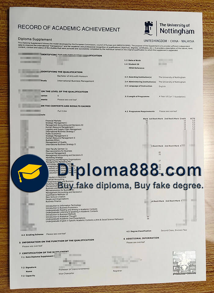 buy fake University of Nottingham Record of Academic Achievenent