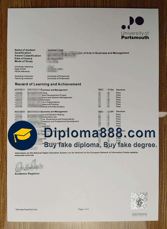 buy fake University of Portsmouth transcript