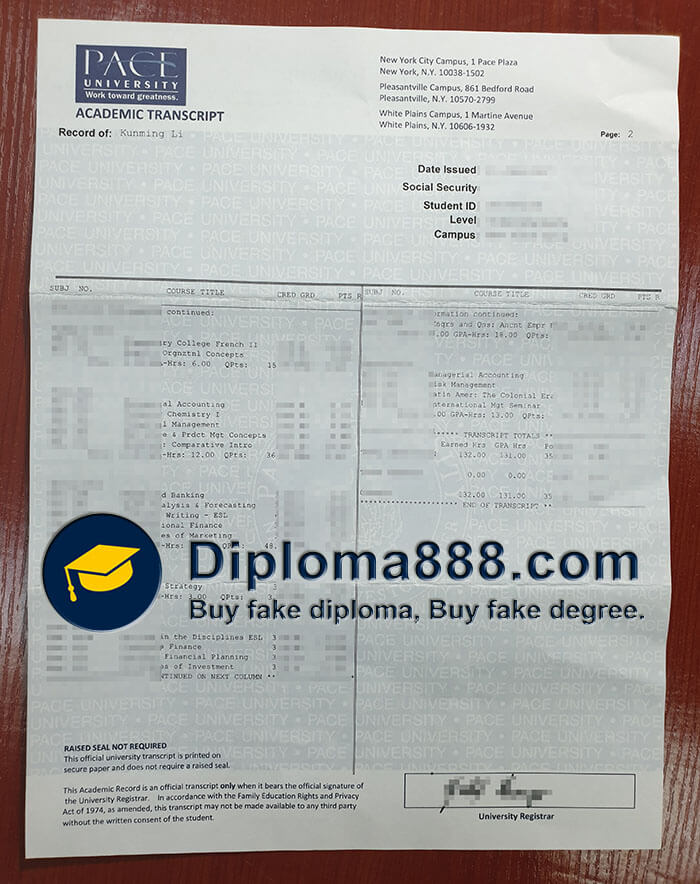 buy fake Pace University transcript, buy Pace University degree.